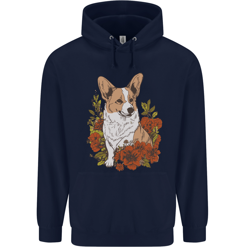 Corgi Dog With Flowers Mens 80% Cotton Hoodie Navy Blue