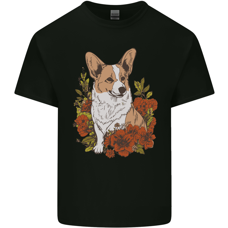 Corgi Dog With Flowers Mens Cotton T-Shirt Tee Top Black