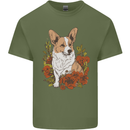 Corgi Dog With Flowers Mens Cotton T-Shirt Tee Top Military Green