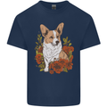 Corgi Dog With Flowers Mens Cotton T-Shirt Tee Top Navy Blue