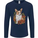 Corgi Dog With Flowers Mens Long Sleeve T-Shirt Navy Blue