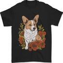 Corgi Dog With Flowers Mens T-Shirt 100% Cotton Black