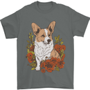 Corgi Dog With Flowers Mens T-Shirt 100% Cotton Charcoal