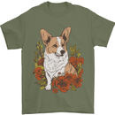 Corgi Dog With Flowers Mens T-Shirt 100% Cotton Military Green