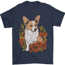 Corgi Dog With Flowers Mens T-Shirt 100% Cotton Navy Blue