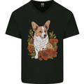 Corgi Dog With Flowers Mens V-Neck Cotton T-Shirt Black
