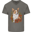 Corgi Dog With Flowers Mens V-Neck Cotton T-Shirt Charcoal