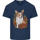 Corgi Dog With Flowers Mens V-Neck Cotton T-Shirt Navy Blue