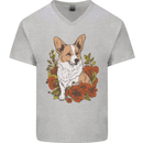 Corgi Dog With Flowers Mens V-Neck Cotton T-Shirt Sports Grey