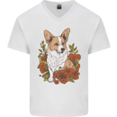 Corgi Dog With Flowers Mens V-Neck Cotton T-Shirt White