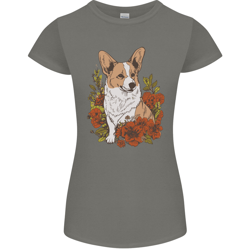 Corgi Dog With Flowers Womens Petite Cut T-Shirt Charcoal