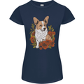 Corgi Dog With Flowers Womens Petite Cut T-Shirt Navy Blue