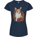 Corgi Dog With Flowers Womens Petite Cut T-Shirt Navy Blue