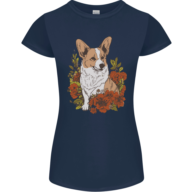 Corgi Dog With Flowers Womens Petite Cut T-Shirt Navy Blue