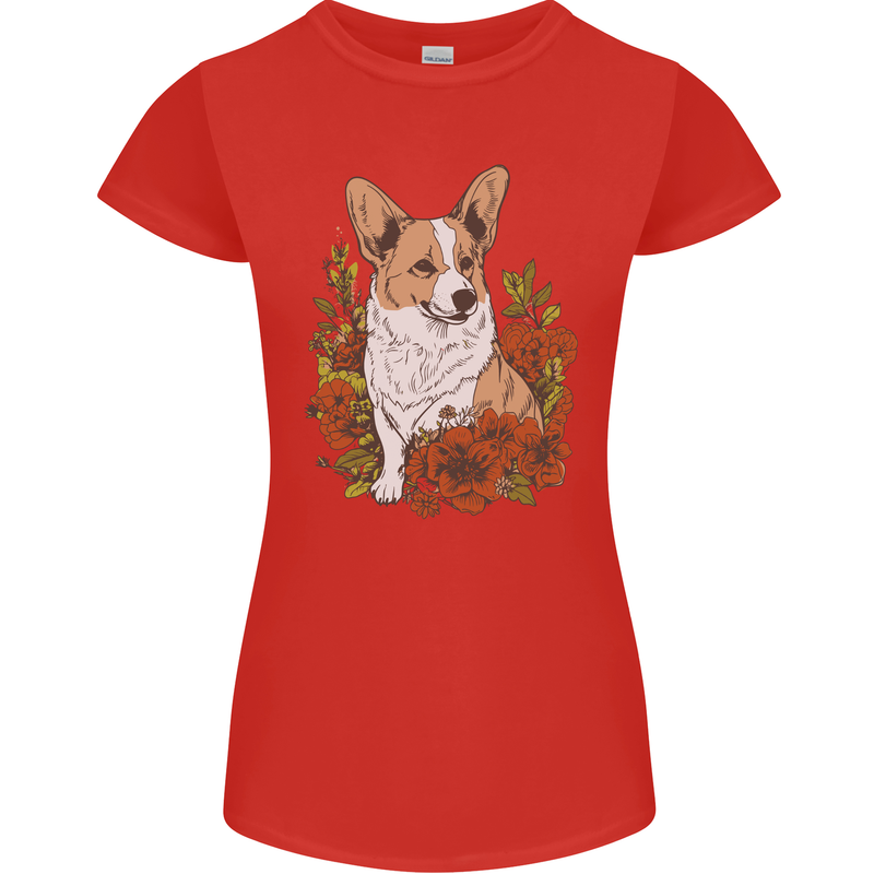 Corgi Dog With Flowers Womens Petite Cut T-Shirt Red