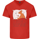 Corgi Sleeping Dog Mens V-Neck Cotton T-Shirt Red
