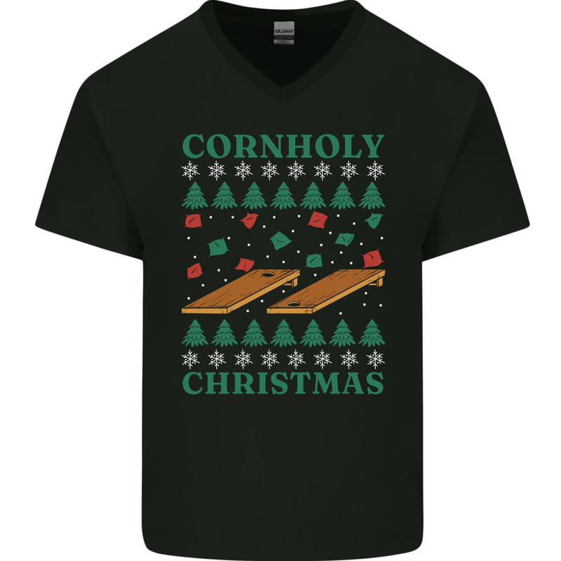 Cornholy Christmas Cornhole Xmas Mens V-Neck Cotton T-Shirt Black