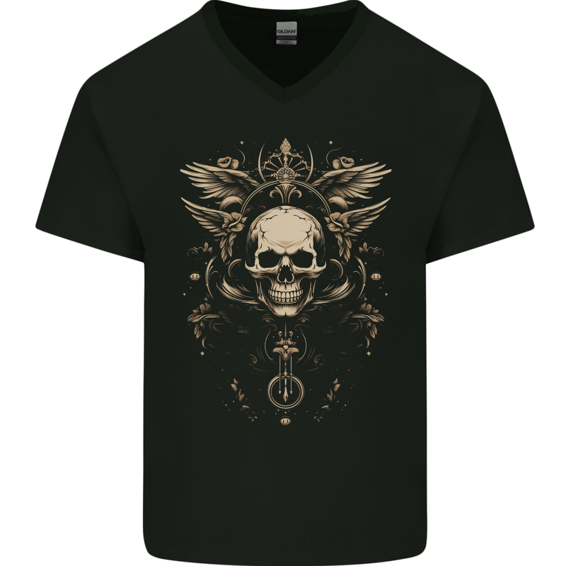 Cosmic Skull With Wings Mens V-Neck Cotton T-Shirt Black