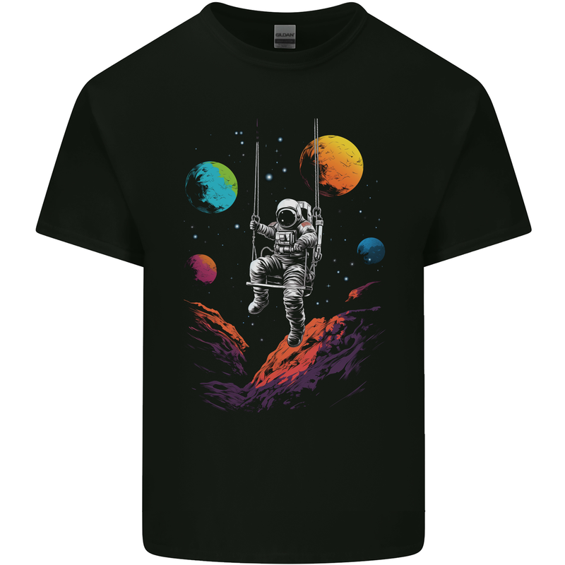 Cosmic Swing Fantasy Astronaut in Space Planets Kids T-Shirt Childrens Black