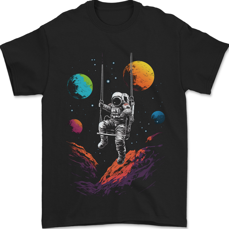 Cosmic Swing Fantasy Astronaut in Space Planets Mens T-Shirt 100% Cotton Black
