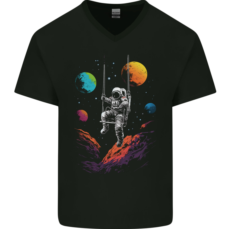 Cosmic Swing Fantasy Astronaut in Space Planets Mens V-Neck Cotton T-Shirt Black