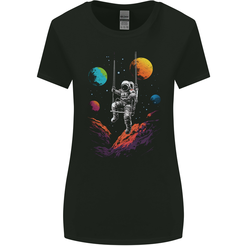 Cosmic Swing Fantasy Astronaut in Space Planets Womens Wider Cut T-Shirt Black