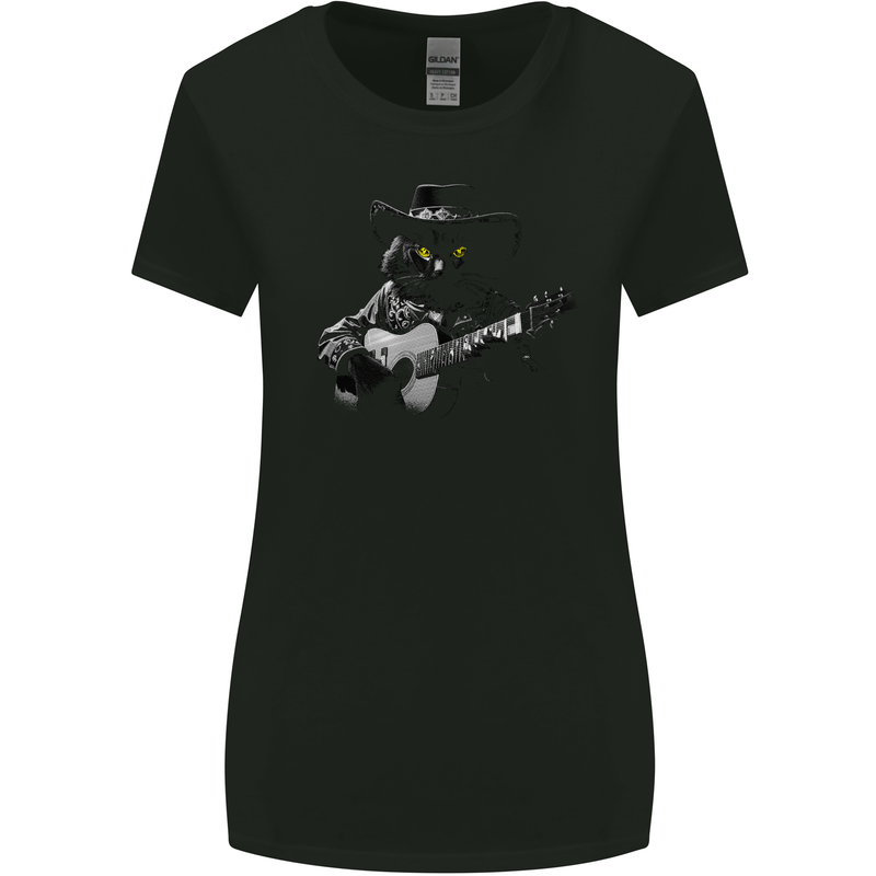 Country & Western  Music Cat Acoustic Guitar Womens Wider Cut T-Shirt Black