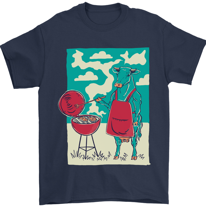 Cow BBQ Funny Grilling Food Mens T-Shirt 100% Cotton Navy Blue