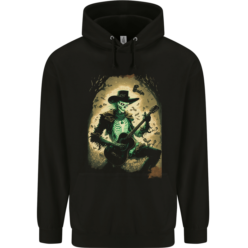 Cowboy Rock Skull Country Music Guitar Mens 80% Cotton Hoodie Black
