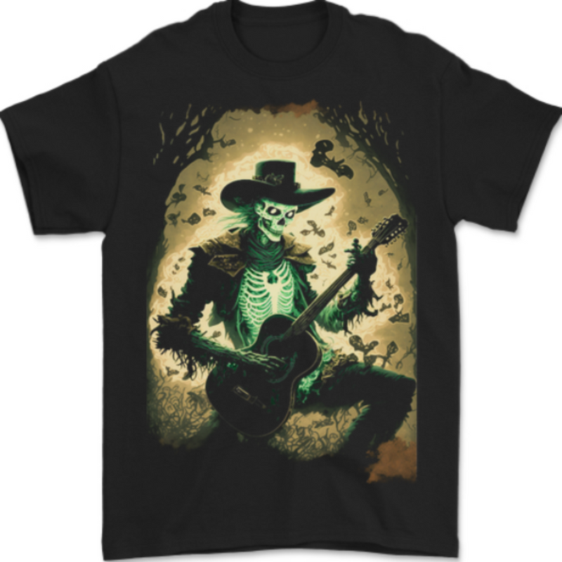Cowboy Rock Skull Country Music Guitar Mens T-Shirt 100% Cotton BLACK