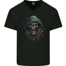 Crazy Grim Reaper Skull Demon Heavy Metal Mens V-Neck Cotton T-Shirt Black