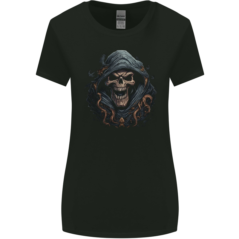 Crazy Grim Reaper Skull Demon Heavy Metal Womens Wider Cut T-Shirt Black