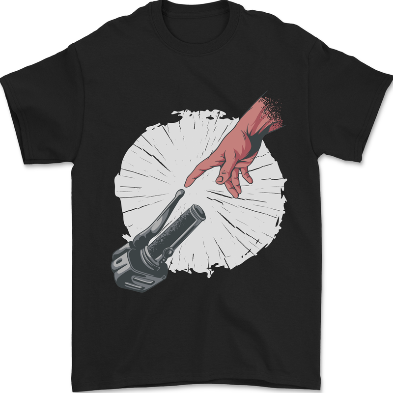 a black t - shirt with a hand reaching for something