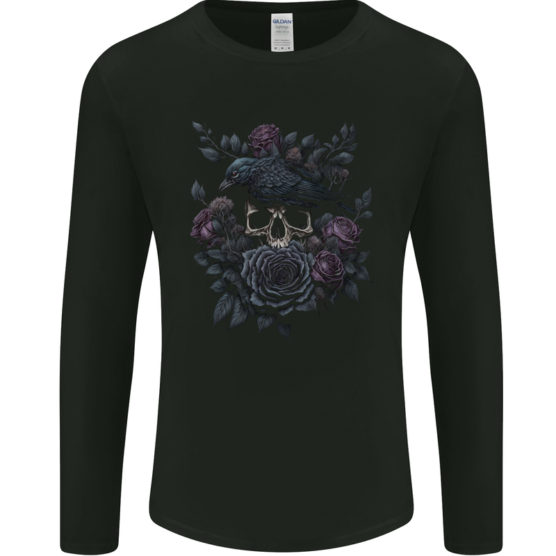 Crow & Skull With Flowers Gothic Goth Raven Mens Long Sleeve T-Shirt Black