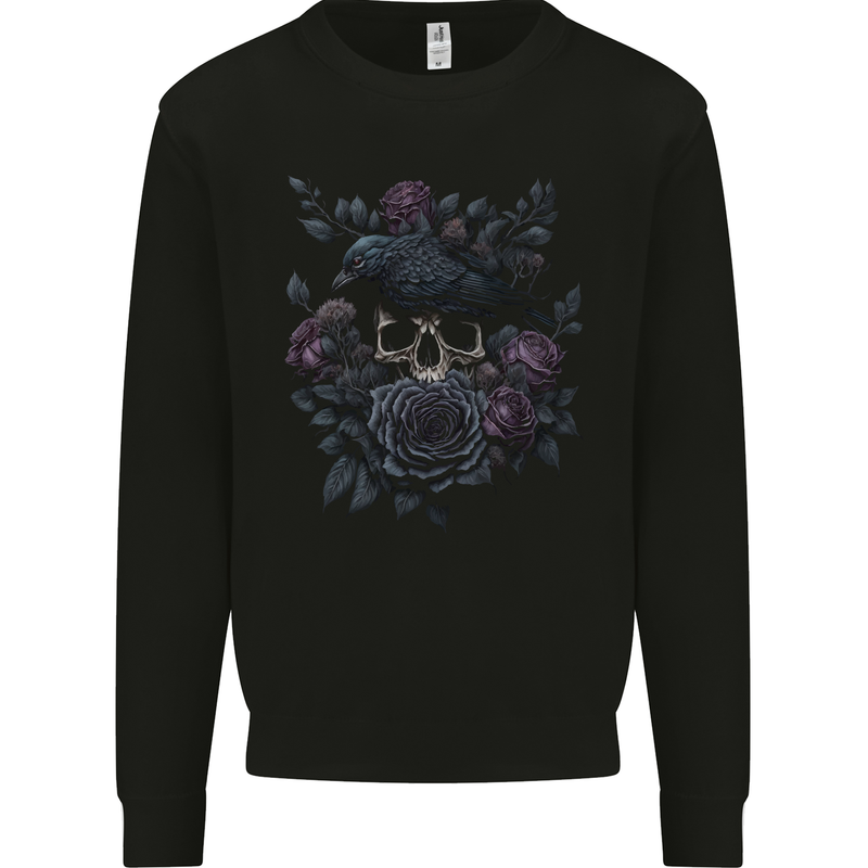 Crow & Skull With Flowers Gothic Goth Raven Mens Sweatshirt Jumper Black