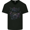 Crow & Skull With Flowers Gothic Goth Raven Mens V-Neck Cotton T-Shirt Black