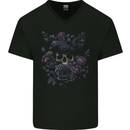 Crow & Skull With Flowers Gothic Goth Raven Mens V-Neck Cotton T-Shirt Black