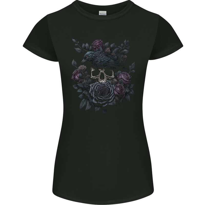 Crow & Skull With Flowers Gothic Goth Raven Womens Petite Cut T-Shirt Black