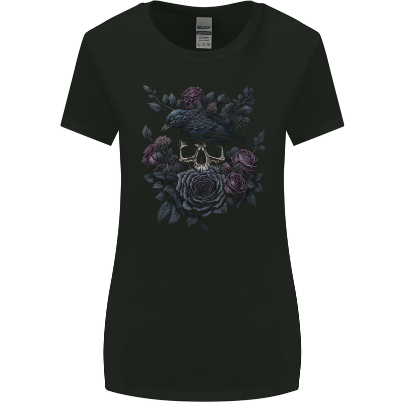 Crow & Skull With Flowers Gothic Goth Raven Womens Wider Cut T-Shirt Black
