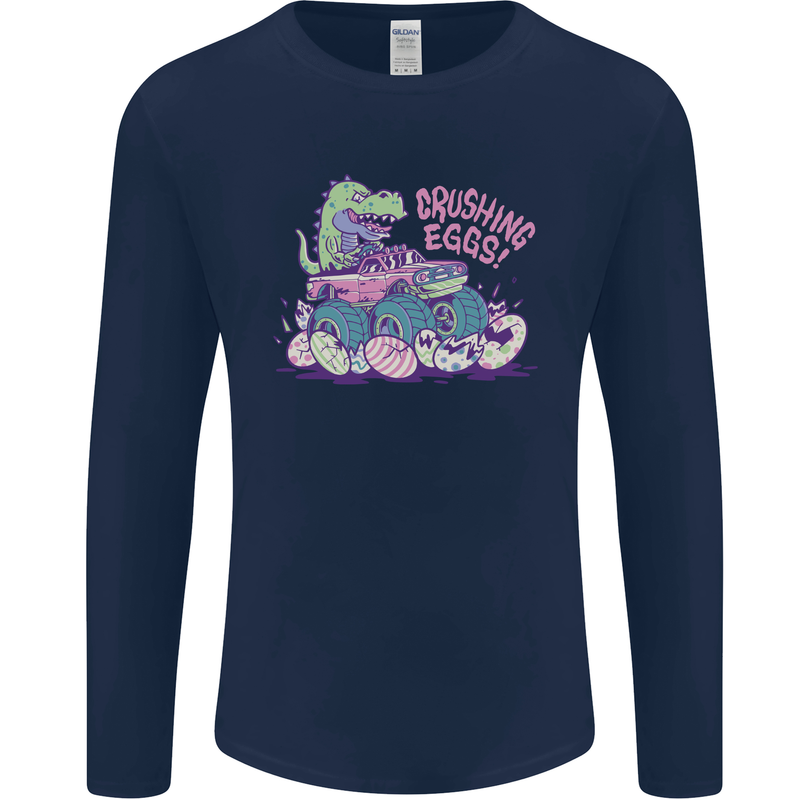 Crushing Eggs Easter T-Rex Dinosaur Monster Truck Mens Long Sleeve T-Shirt Navy Blue