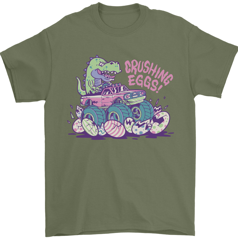 Crushing Eggs Easter T-Rex Dinosaur Monster Truck Mens T-Shirt 100% Cotton Military Green