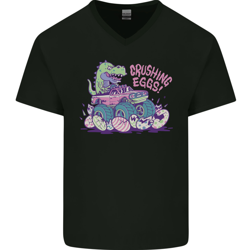 Crushing Eggs Easter T-Rex Dinosaur Monster Truck Mens V-Neck Cotton T-Shirt Black