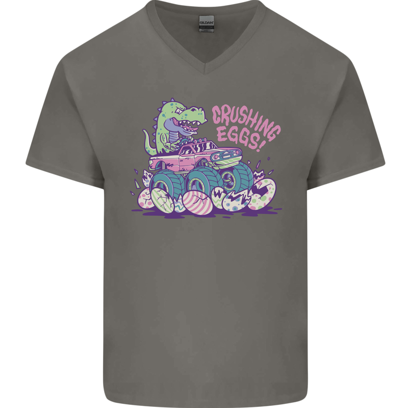 Crushing Eggs Easter T-Rex Dinosaur Monster Truck Mens V-Neck Cotton T-Shirt Charcoal