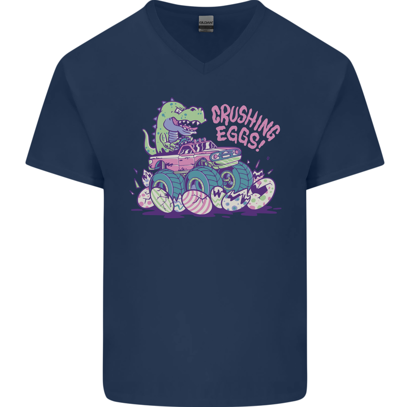 Crushing Eggs Easter T-Rex Dinosaur Monster Truck Mens V-Neck Cotton T-Shirt Navy Blue