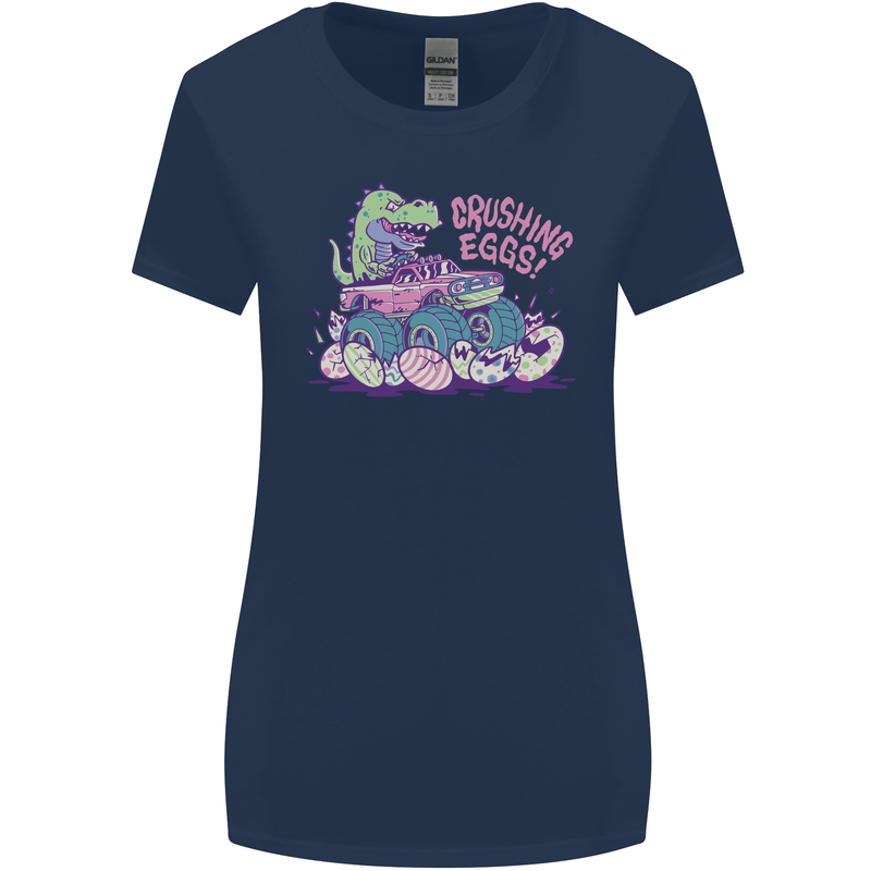Crushing Eggs Easter T-Rex Dinosaur Monster Truck Womens Wider Cut T-Shirt Navy Blue