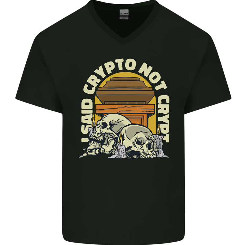Crypto Not Crypt Funny Cryptocurrency Skulls Mens V-Neck Cotton T-Shirt Black