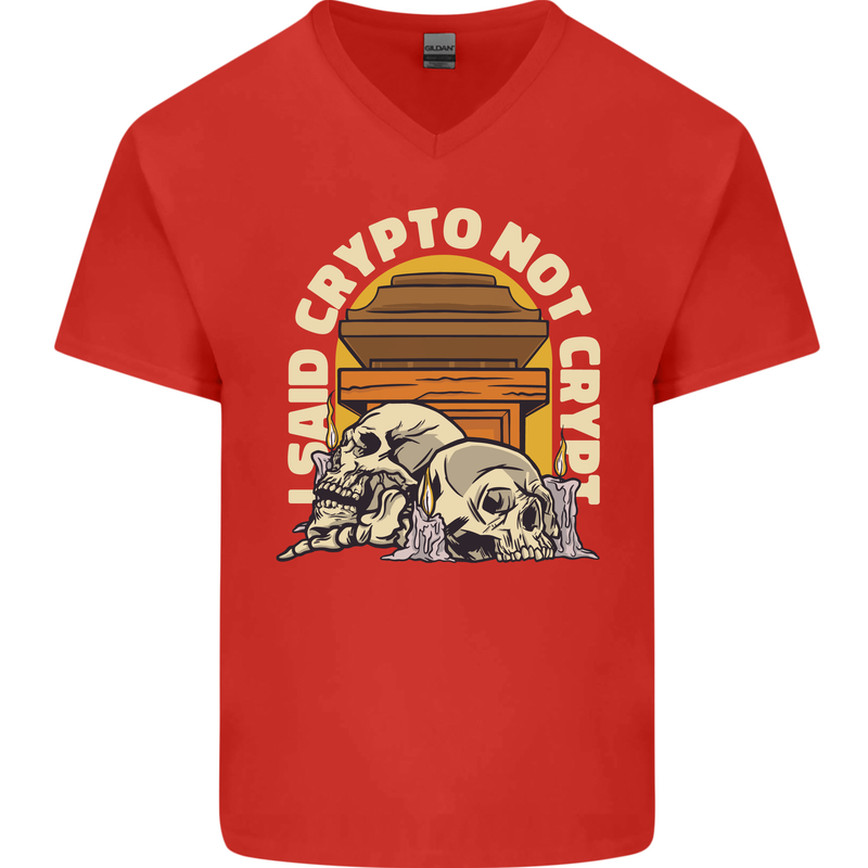 Crypto Not Crypt Funny Cryptocurrency Skulls Mens V-Neck Cotton T-Shirt Red