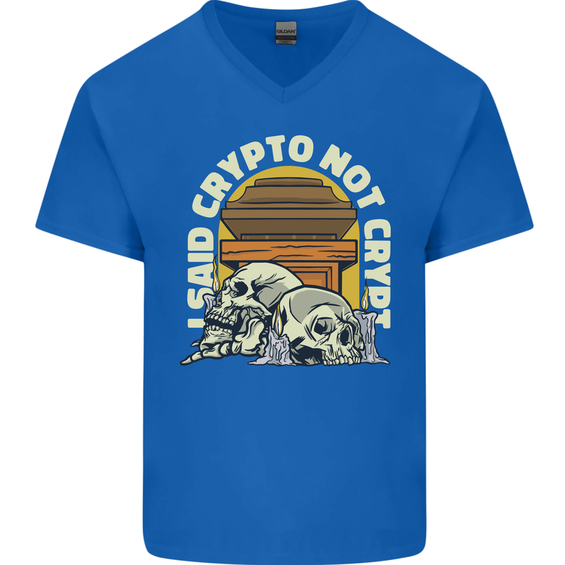 Crypto Not Crypt Funny Cryptocurrency Skulls Mens V-Neck Cotton T-Shirt Royal Blue