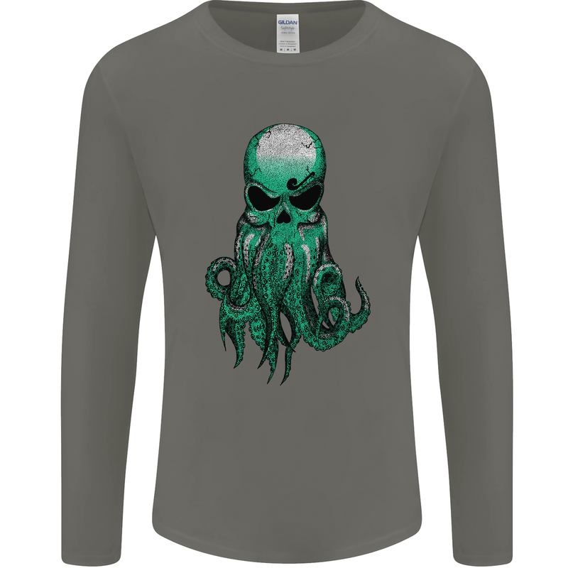 Cthulhu Green Kraken Octopus Skull Mens Long Sleeve T-Shirt Charcoal