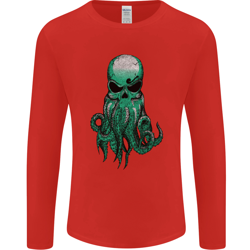 Cthulhu Green Kraken Octopus Skull Mens Long Sleeve T-Shirt Red
